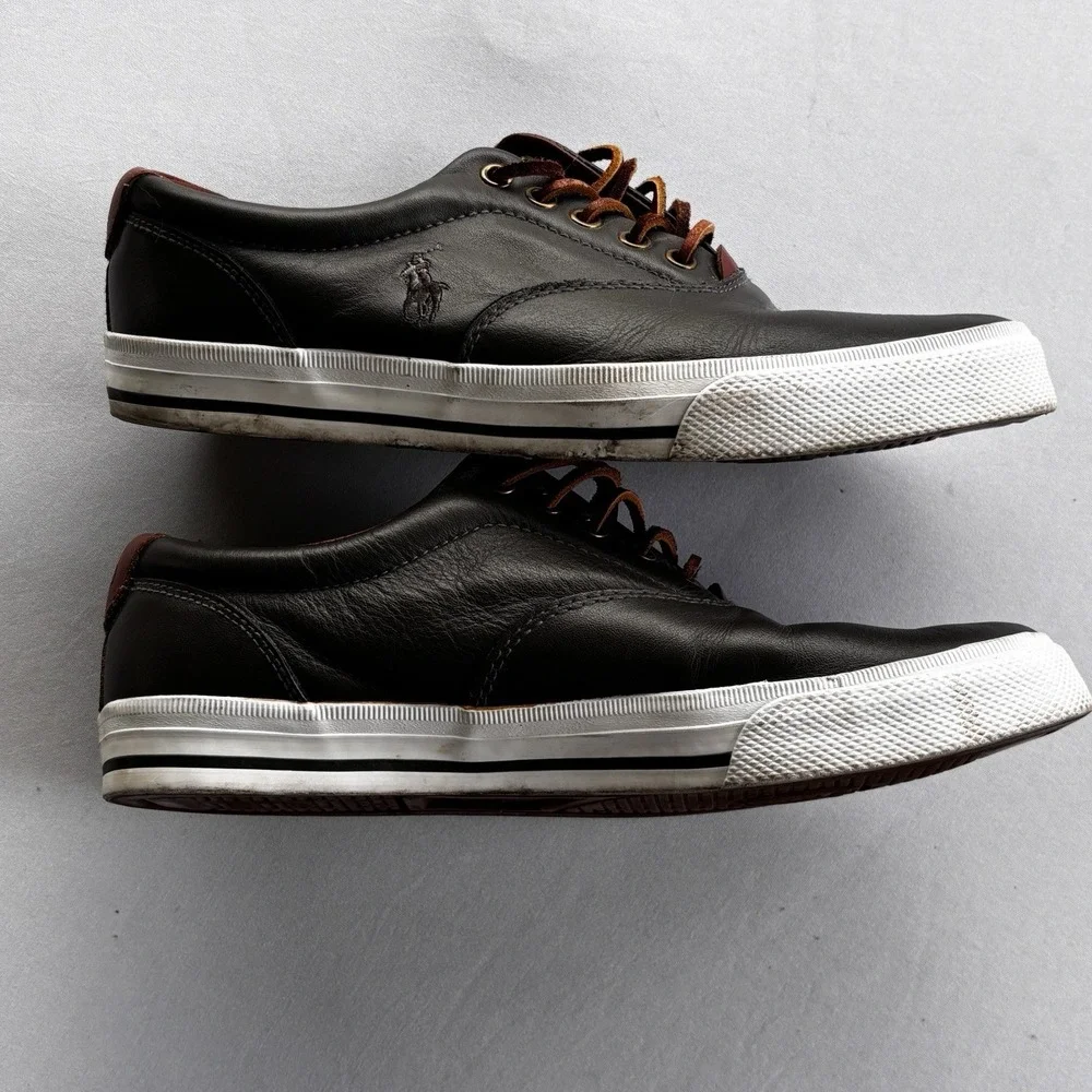 Polo Ralph Lauren Vaughn 9D Leather Sneakers Black Brown‎ Lace Up Shoes